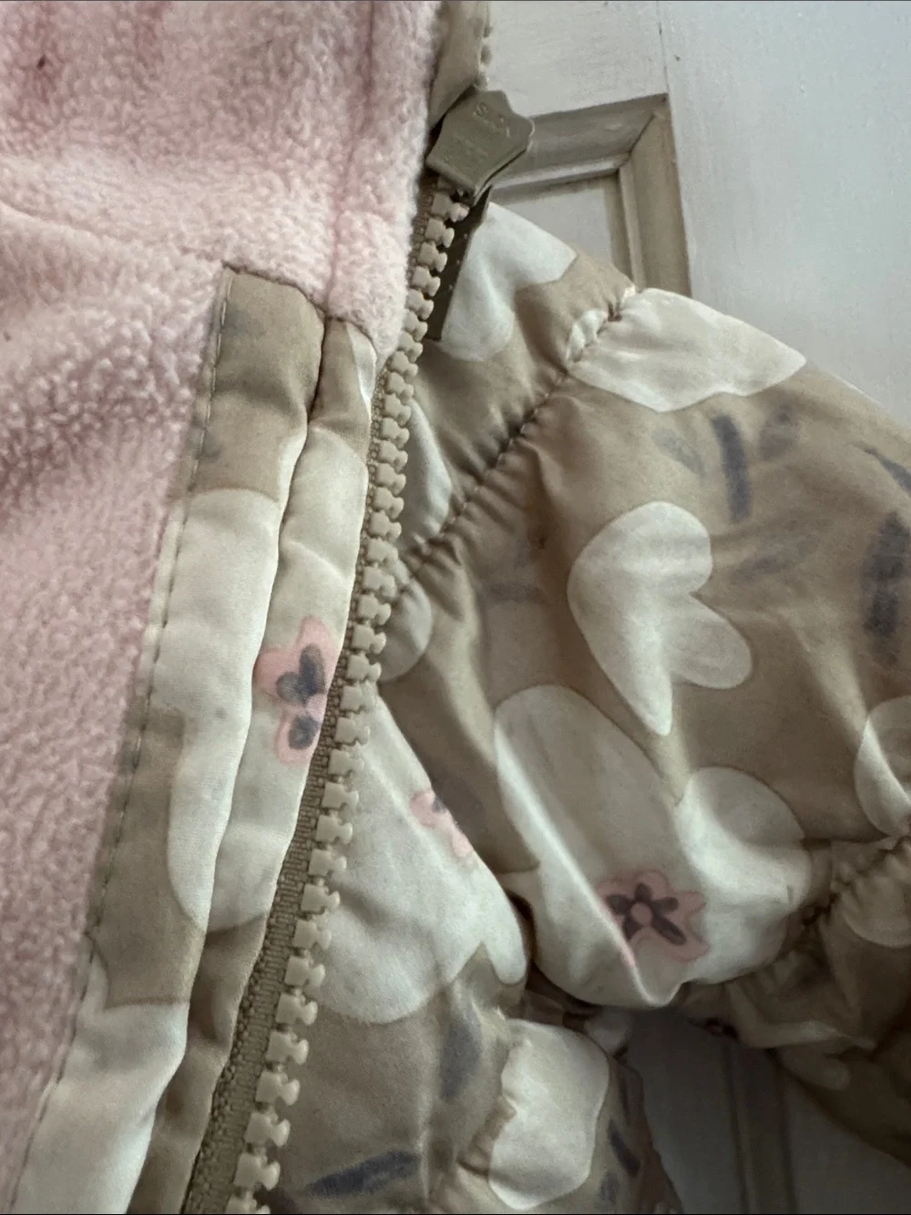 Carter's Beige Floral Puffer Jacket with Faux Fur Hood